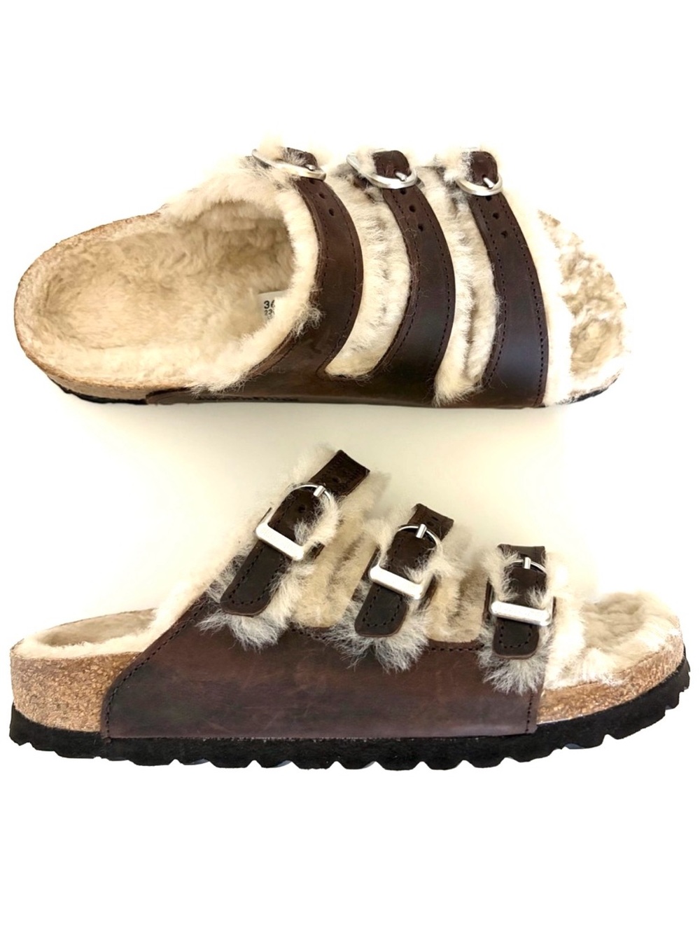 Birkenstock Florida Shearling Sandals Brown Genuine Leather 3 Buckles Size 36
